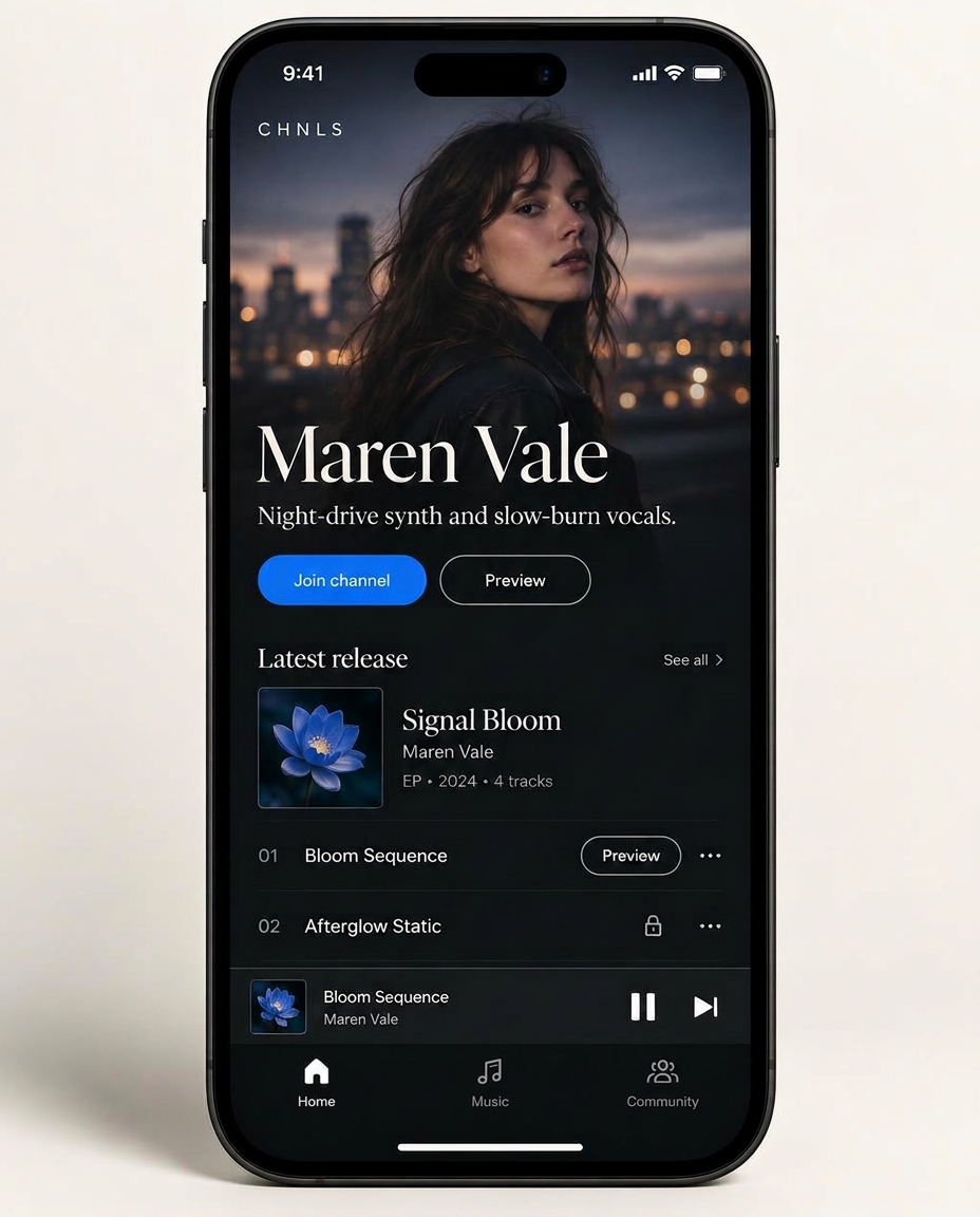 A CHNLS artist channel shown on a phone: artist photo, name, Join channel and Preview buttons, latest release and track list